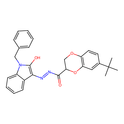 (E)-N'-(1-benzyl-2-oxoindolin-3-ylidene)-7-(tert-butyl)-2,3-dihydrobenzo[b][1,4]dioxine-2-carbohydrazide structure