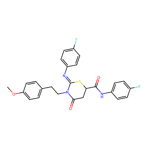 (2Z)-N-(4-fluorophenyl)-2-[(4-fluorophenyl)imino]-3-[2-(4-methoxyphenyl)ethyl]-4-oxo-1,3-thiazinane-6-carboxamide structure