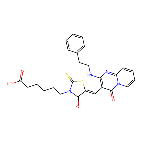 6-[(5Z)-4-oxo-5-({4-oxo-2-[(2-phenylethyl)amino]-4H-pyrido[1,2-a]pyrimidin-3-yl}methylene)-2-thioxo-1,3-thiazolidin-3-yl]hexanoic acid structure