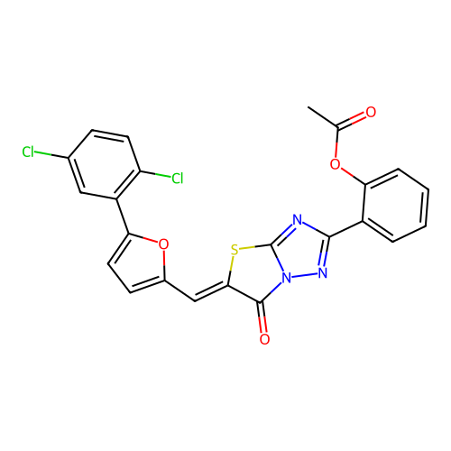 (Z)-2-(5-((5-(2,5-dichlorophenyl)furan-2-yl)methylene)-6-oxo-5,6-dihydrothiazolo[3,2-b][1,2,4]triazol-2-yl)phenyl acetate structure