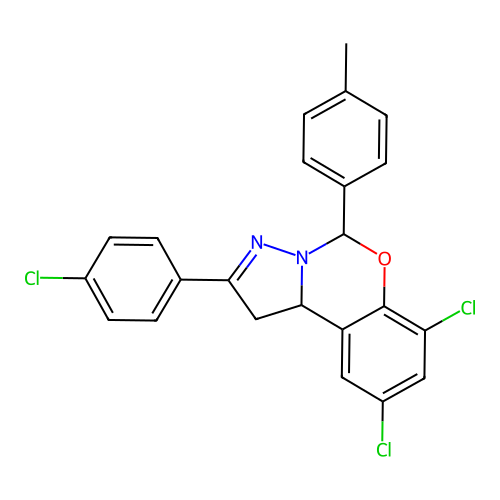 7,9-dichloro-2-(4-chlorophenyl)-5-(4-methylphenyl)-1,10b-dihydropyrazolo[1,5-c][1,3]benzoxazine structure
