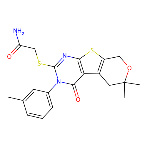 2-((6,6-dimethyl-4-oxo-3-(m-tolyl)-4,5,6,8-tetrahydro-3H-pyrano[4',3':4,5]thieno[2,3-d]pyrimidin-2-yl)thio)acetamide structure