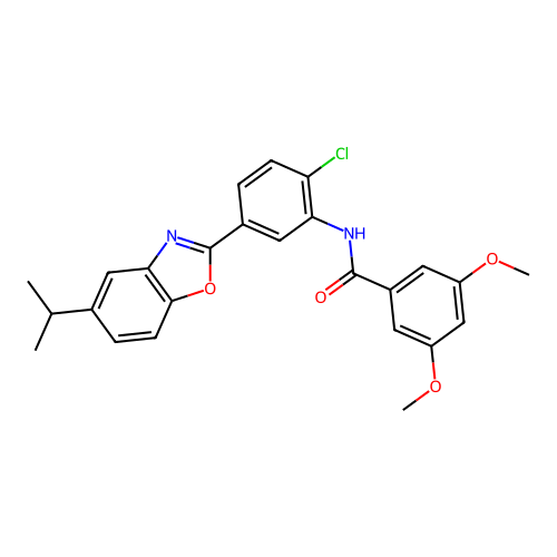 N-{2-chloro-5-[5-(propan-2-yl)-1,3-benzoxazol-2-yl]phenyl}-3,5-dimethoxybenzamide structure
