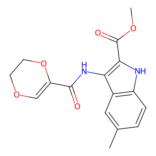 methyl 3-(2,3-dihydro-1,4-dioxine-5-carbonylamino)-5-methyl-1H-indole-2-carboxylate structure