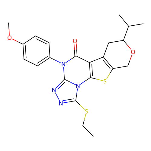 1-(ethylsulfanyl)-4-(4-methoxyphenyl)-7-(propan-2-yl)-6,9-dihydro-7H-pyrano[4',3':4,5]thieno[3,2-e][1,2,4]triazolo[4,3-a]pyrimidin-5(4H)-one structure