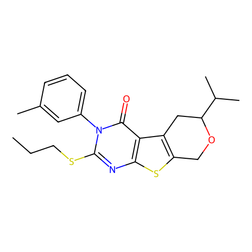 3-(3-methylphenyl)-6-(propan-2-yl)-2-(propylsulfanyl)-3,5,6,8-tetrahydro-4H-pyrano[4',3':4,5]thieno[2,3-d]pyrimidin-4-one structure