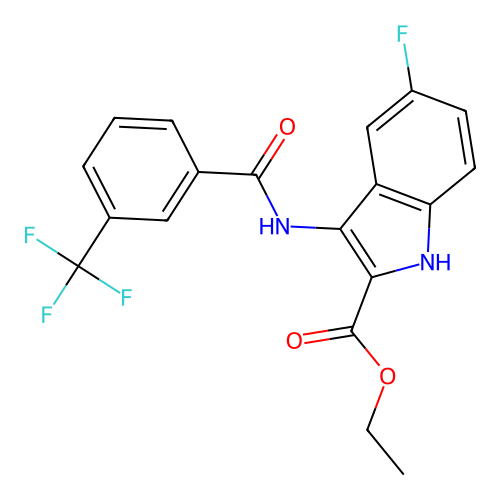 ethyl 5-fluoro-3-(3-(trifluoromethyl)benzamido)-1H-indole-2-carboxylate structure