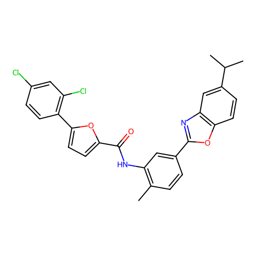 5-(2,4-dichlorophenyl)-N-(5-(5-isopropylbenzo[d]oxazol-2-yl)-2-methylphenyl)furan-2-carboxamide structure