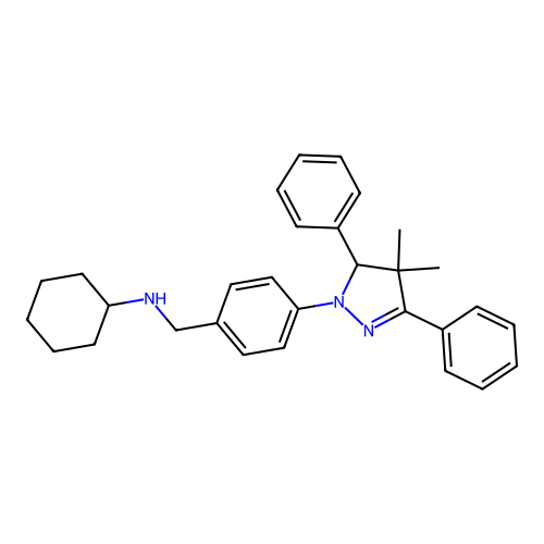 N-(4-(4,4-dimethyl-3,5-diphenyl-4,5-dihydro-1H-pyrazol-1-yl)benzyl)cyclohexanamine structure