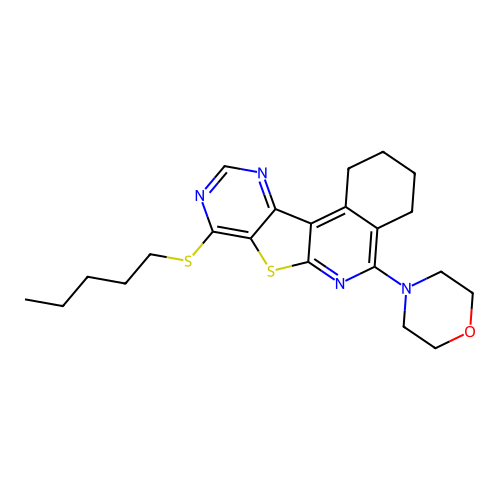 4-(8-(pentylthio)-1,2,3,4-tetrahydropyrimido[4',5':4,5]thieno[2,3-c]isoquinolin-5-yl)morpholine structure