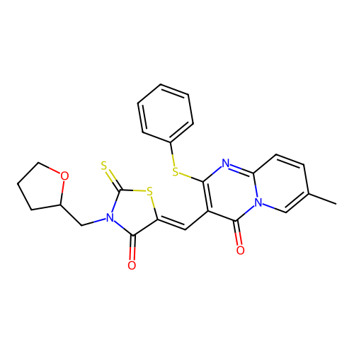 7-methyl-3-{(Z)-[4-oxo-3-(tetrahydrofuran-2-ylmethyl)-2-thioxo-1,3-thiazolidin-5-ylidene]methyl}-2-(phenylsulfanyl)-4H-pyrido[1,2-a]pyrimidin-4-one structure