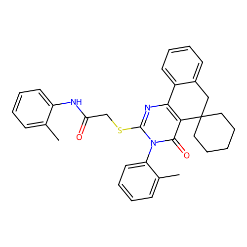 2-((4-oxo-3-(o-tolyl)-4,6-dihydro-3H-spiro[benzo[h]quinazoline-5,1'-cyclohexan]-2-yl)thio)-N-(o-tolyl)acetamide structure