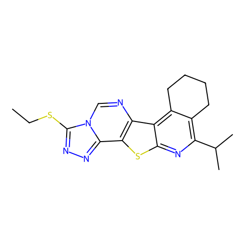 3-(ethylsulfanyl)-11-(propan-2-yl)-7,8,9,10-tetrahydro[1,2,4]triazolo[4'',3'':1',6']pyrimido[4',5':4,5]thieno[2,3-c]isoquinoline structure