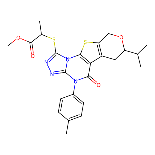 methyl 2-((7-isopropyl-5-oxo-4-(p-tolyl)-5,6,7,9-tetrahydro-4H-pyrano[4',3':4,5]thieno[3,2-e][1,2,4]triazolo[4,3-a]pyrimidin-1-yl)thio)propanoate structure
