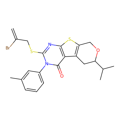 2-((2-bromoallyl)thio)-6-isopropyl-3-(m-tolyl)-5,6-dihydro-3H-pyrano[4',3':4,5]thieno[2,3-d]pyrimidin-4(8H)-one structure