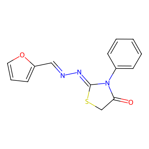 (2Z)-2-[(E)-furan-2-ylmethylidenehydrazinylidene]-3-phenyl-1,3-thiazolidin-4-one structure