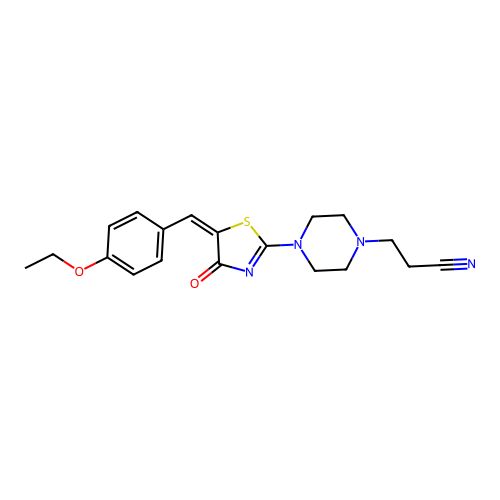 (E)-3-(4-(5-(4-ethoxybenzylidene)-4-oxo-4,5-dihydrothiazol-2-yl)piperazin-1-yl)propanenitrile structure