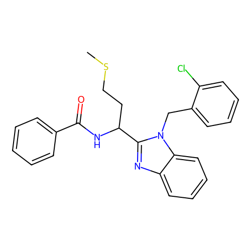 N-(1-(1-(2-chlorobenzyl)-1H-benzo[d]imidazol-2-yl)-3-(methylthio)propyl)benzamide structure