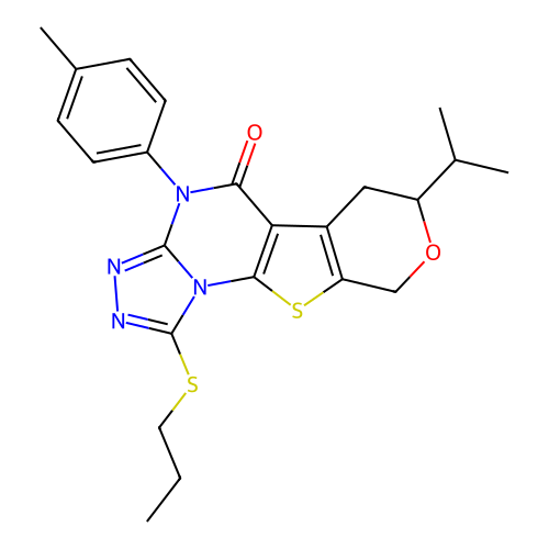 4-(4-methylphenyl)-7-(propan-2-yl)-1-(propylsulfanyl)-6,9-dihydro-7H-pyrano[4',3':4,5]thieno[3,2-e][1,2,4]triazolo[4,3-a]pyrimidin-5(4H)-one structure
