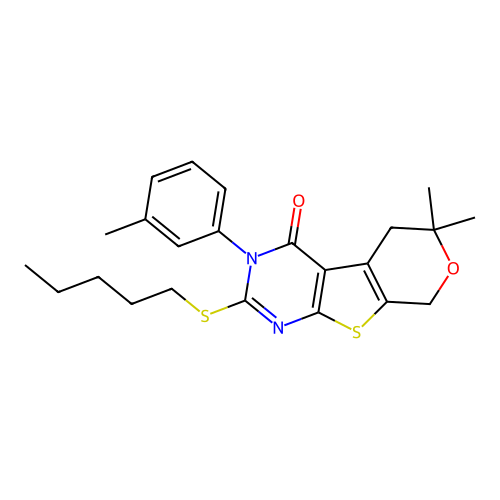6,6-dimethyl-2-(pentylthio)-3-(m-tolyl)-5,6-dihydro-3H-pyrano[4',3':4,5]thieno[2,3-d]pyrimidin-4(8H)-one structure