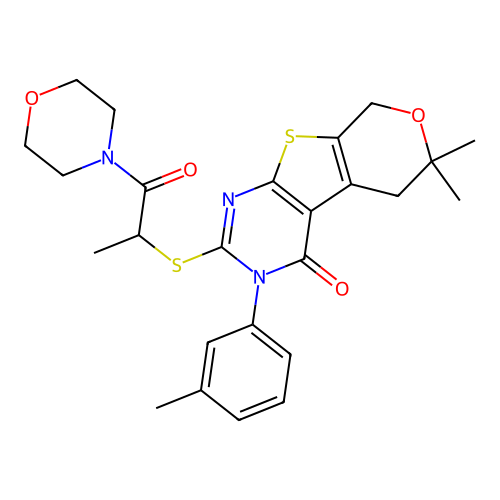 6,6-dimethyl-2-((1-morpholino-1-oxopropan-2-yl)thio)-3-(m-tolyl)-5,6-dihydro-3H-pyrano[4',3':4,5]thieno[2,3-d]pyrimidin-4(8H)-one structure