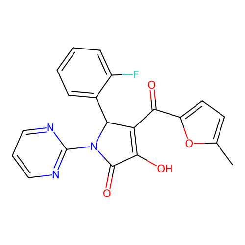 (E)-[2-(2-fluorophenyl)-4,5-dioxo-1-(pyrimidin-1-ium-2-yl)pyrrolidin-3-ylidene](5-methylfuran-2-yl)methanolate structure