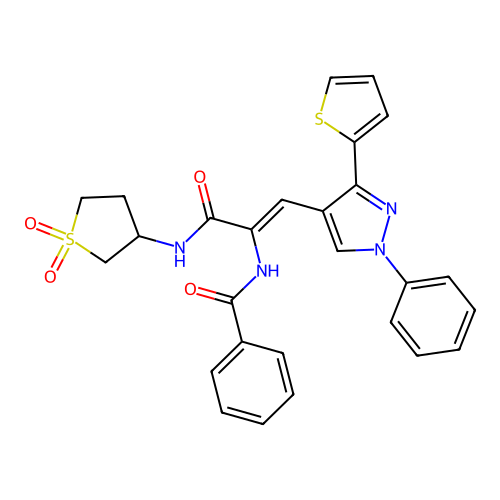 N-{(1Z)-3-[(1,1-dioxidotetrahydrothiophen-3-yl)amino]-3-oxo-1-[1-phenyl-3-(thiophen-2-yl)-1H-pyrazol-4-yl]prop-1-en-2-yl}benzamide structure
