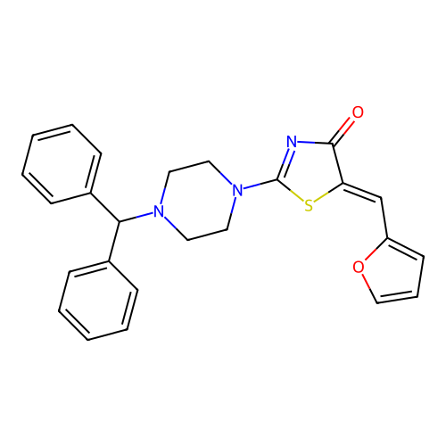 2-(4-benzhydrylpiperazin-1-yl)-5-(2-furylmethylidene)-1,3-thiazol-4-one structure