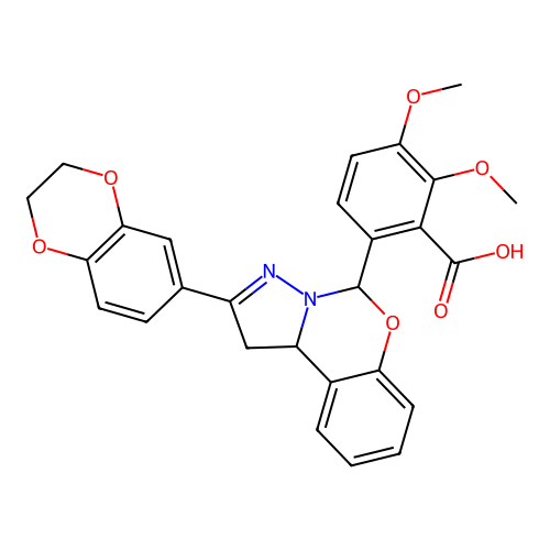 6-[2-(2,3-dihydro-1,4-benzodioxin-6-yl)-1,10b-dihydropyrazolo[1,5-c][1,3]benzoxazin-5-yl]-2,3-dimethoxybenzoic acid structure