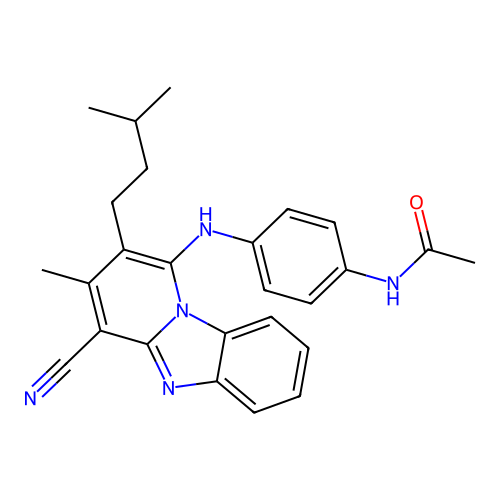 N-(4-{[4-cyano-3-methyl-2-(3-methylbutyl)pyrido[1,2-a]benzimidazol-1-yl]amino}phenyl)acetamide structure