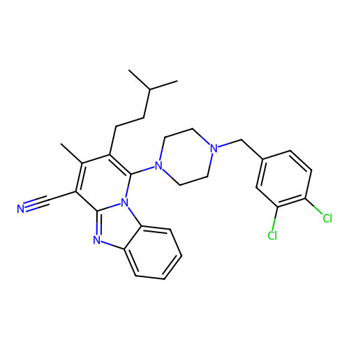 1-[4-(3,4-dichlorobenzyl)piperazin-1-yl]-3-methyl-2-(3-methylbutyl)pyrido[1,2-a]benzimidazole-4-carbonitrile structure