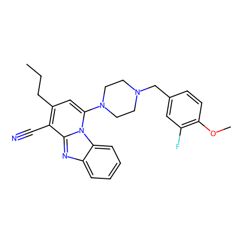 1-[4-(3-fluoro-4-methoxybenzyl)piperazin-1-yl]-3-propylpyrido[1,2-a]benzimidazole-4-carbonitrile structure