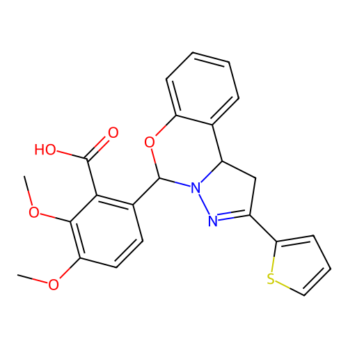 2,3-dimethoxy-6-(2-(thiophen-2-yl)-5,10b-dihydro-1H-benzo[e]pyrazolo[1,5-c][1,3]oxazin-5-yl)benzoic acid structure