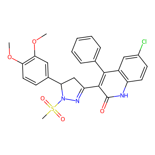 (3Z)-6-chloro-3-[5-(3,4-dimethoxyphenyl)-1-methylsulfonylpyrazolidin-3-ylidene]-4-phenylquinolin-2-one structure