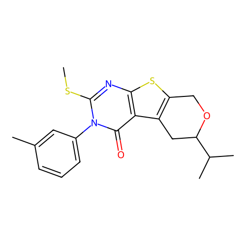 3-(3-methylphenyl)-2-(methylsulfanyl)-6-(propan-2-yl)-3,5,6,8-tetrahydro-4H-pyrano[4',3':4,5]thieno[2,3-d]pyrimidin-4-one structure