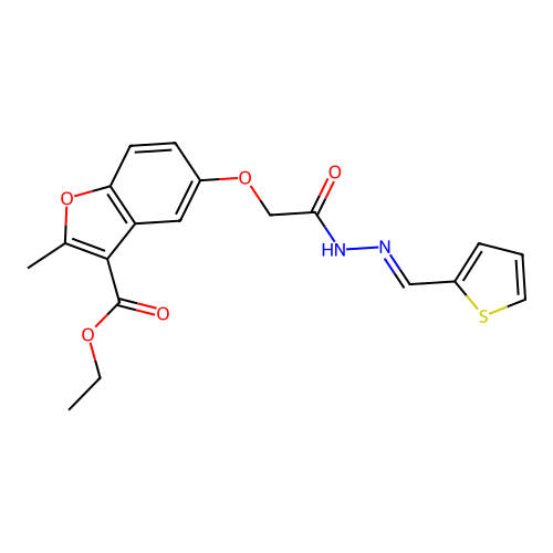 (E)-ethyl 2-methyl-5-(2-oxo-2-(2-(thiophen-2-ylmethylene)hydrazinyl)ethoxy)benzofuran-3-carboxylate structure