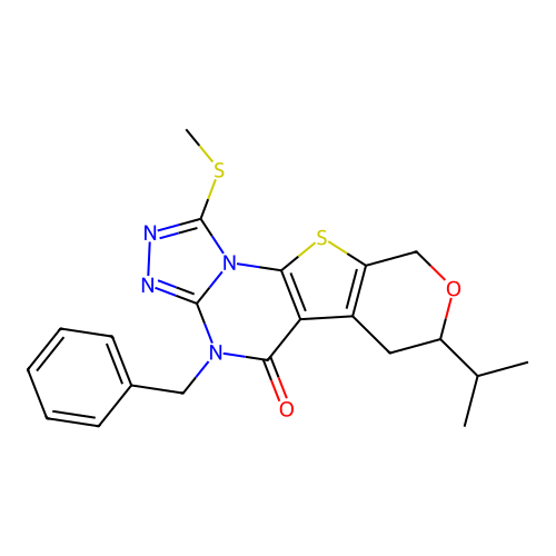 4-benzyl-1-(methylsulfanyl)-7-(propan-2-yl)-6,9-dihydro-7H-pyrano[4',3':4,5]thieno[3,2-e][1,2,4]triazolo[4,3-a]pyrimidin-5(4H)-one structure