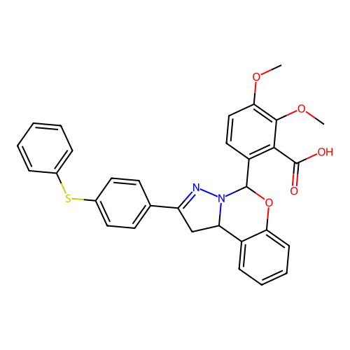 2,3-dimethoxy-6-(2-(4-(phenylthio)phenyl)-5,10b-dihydro-1H-benzo[e]pyrazolo[1,5-c][1,3]oxazin-5-yl)benzoic acid structure