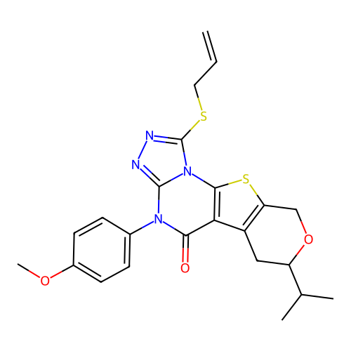4-(4-methoxyphenyl)-7-(propan-2-yl)-1-(prop-2-en-1-ylsulfanyl)-6,9-dihydro-7H-pyrano[4',3':4,5]thieno[3,2-e][1,2,4]triazolo[4,3-a]pyrimidin-5(4H)-one structure