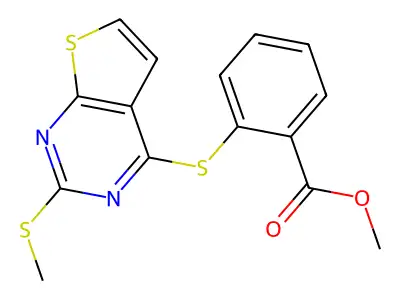 methyl 2-{[2-(methylsulfanyl)thieno[2,3-d]pyrimidin-4-yl]sulfanyl}benzenecarboxylate structure