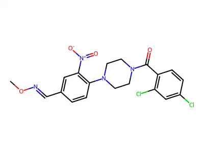 ({4-[4-(2,4-dichlorobenzoyl)piperazin-1-yl]-3-nitrophenyl}methylidene)(methoxy)amine structure