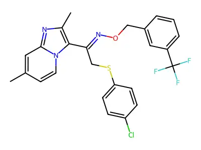 2-(4-chlorophenyl)sulfanyl-1-(2,7-dimethylimidazo[1,2-a]pyridin-3-yl)-N-[[3-(trifluoromethyl)phenyl]methoxy]ethanimine structure