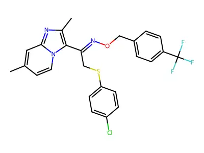 2-(4-chlorophenyl)sulfanyl-1-(2,7-dimethylimidazo[1,2-a]pyridin-3-yl)-N-[[4-(trifluoromethyl)phenyl]methoxy]ethanimine structure