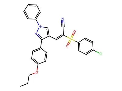 (2E)-2-[(4-chlorophenyl)sulfonyl]-3-[1-phenyl-3-(4-propoxyphenyl)-1H-pyrazol-4-yl]prop-2-enenitrile structure