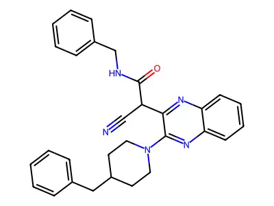 N-benzyl-2-[3-(4-benzylpiperidin-1-yl)quinoxalin-2-yl]-2-cyanoacetamide structure