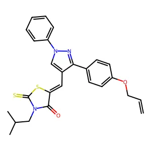 (5Z)-3-(2-methylpropyl)-5-({1-phenyl-3-[4-(prop-2-en-1-yloxy)phenyl]-1H-pyrazol-4-yl}methylidene)-2-thioxo-1,3-thiazolidin-4-one structure
