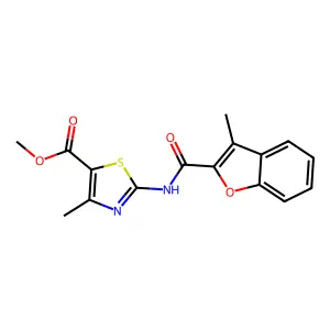 methyl 4-methyl-2-{[(3-methyl-1-benzofuran-2-yl)carbonyl]amino}-1,3-thiazole-5-carboxylate structure