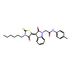 2-[(3Z)-3-(3-hexyl-4-oxo-2-thioxo-1,3-thiazolidin-5-ylidene)-2-oxo-2,3-dihydro-1H-indol-1-yl]-N-(4-methylphenyl)acetamide structure