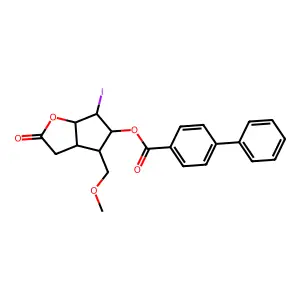 6-Iodo-4-(methoxymethyl)-2-oxohexahydro-2H-cyclopenta[b]furan-5-yl [1,1'-biphenyl]-4-carboxylate structure