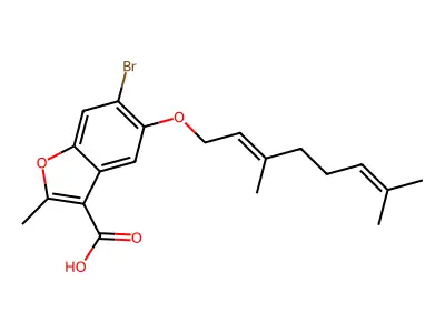 (E)-6-bromo-5-((3,7-dimethylocta-2,6-dien-1-yl)oxy)-2-methylbenzofuran-3-carboxylic acid structure